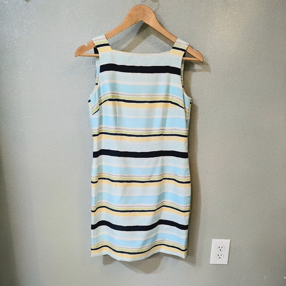 Kay Unger Striped Sheath Dress | Pastel Blue Yellow | Classic Tailored Chic